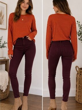 Madewell Orange White Striped Cropped Long Sleeve Tee Small